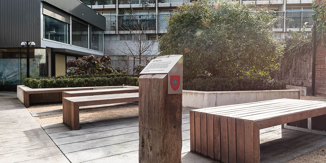Reclaimed wood and stainless steel Braille interpretive sign